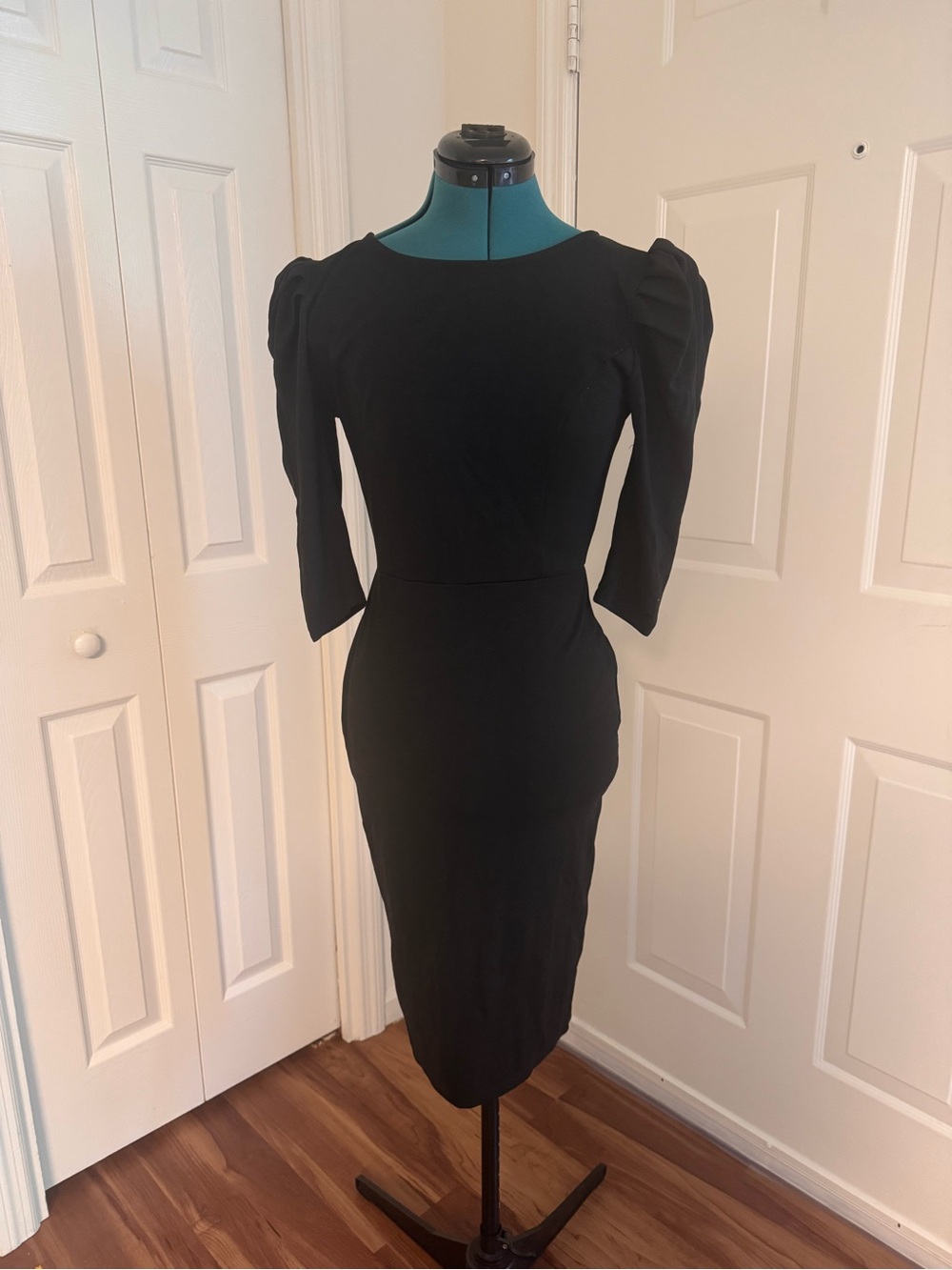 Unique Vintage Black Midi Dress with Puff Sleeves